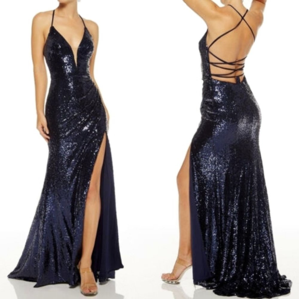 Alyce Paris 60304 Midnight Navy Blue Sequin Prom Formal Dress Gown Size 12